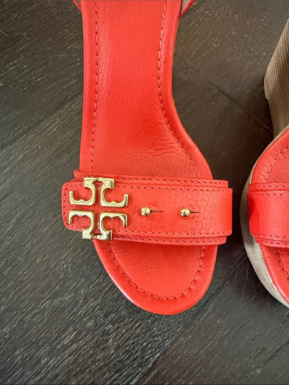 Tory Burch Red-Orange Leather Ankle-Strap Wedge Sandal Size 7